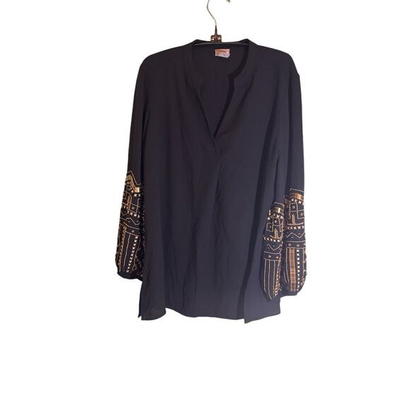 Chicos Top Size Med Beaded Holiday Black Gold Long Balloon Sleeve Dressy - Picture 1 of 4